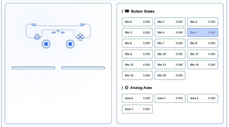 Overview of how the gamepad tester looks after controller is connected successfully